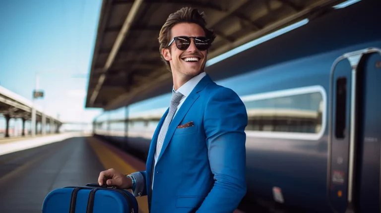 Business trip, glücklicher Ausdruck eines Geschäftsmannes neben Zug, Fotografie, blauer Anzug
