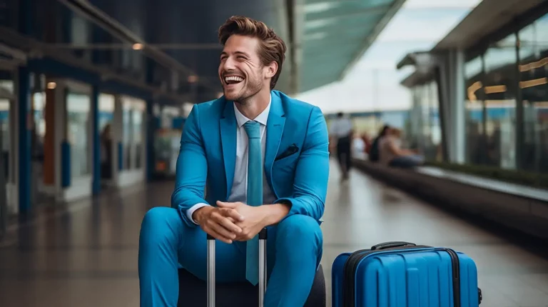 Dienstreise Pauschale Geschäftsmann, glücklicher Ausdruck, Fotografie, blauer Anzug