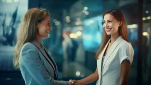 Dienstreiseantrag zwischen zwei Geschäftsfrauen durch Händedruck genehmigt, glücklicher Ausdruck, Fotografie, blaue Kleidung